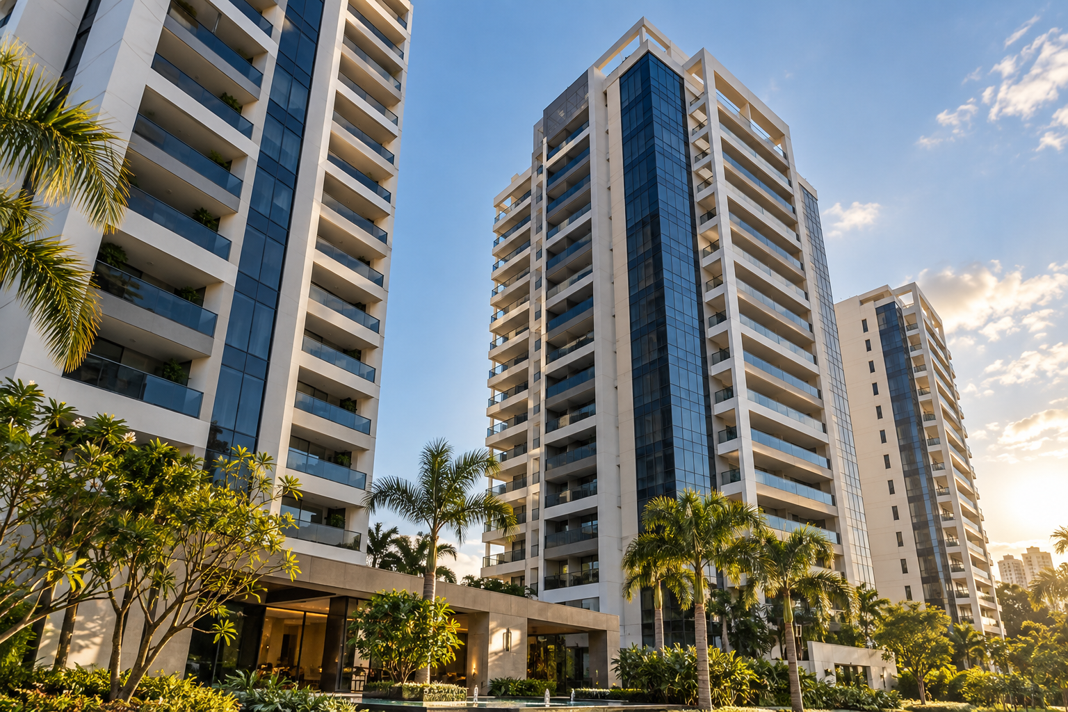 Torres residenciais contemporâneas cercadas por paisagismo, iluminadas pelo sol